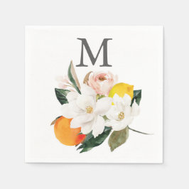 Monogram Magnolia Citrus Wedding Cocktail Napkin Serviette