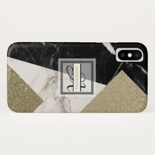 Monogram Marble Black Gray Gold Glitzer Geometric Case-Mate iPhone Hülle (Rückseite (Horizontal))