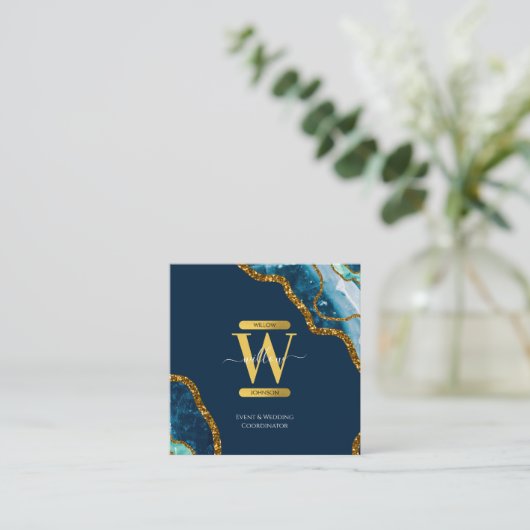 Monogram-Marble für Blue & Gold Agate Geode Glitze Quadratische Visitenkarte (Stehend Vorderseite)