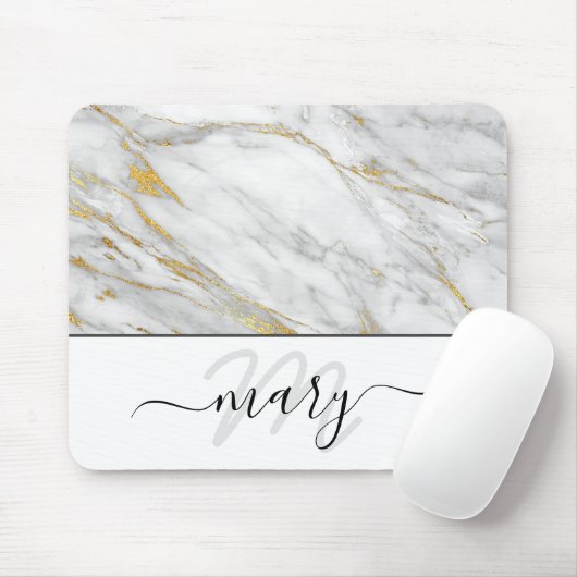 Monogram Marble Gold Grau White Abstrakt Mousepad (Mit Mouse)
