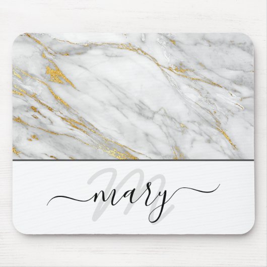 Monogram Marble Gold Grau White Abstrakt Mousepad (Vorne)