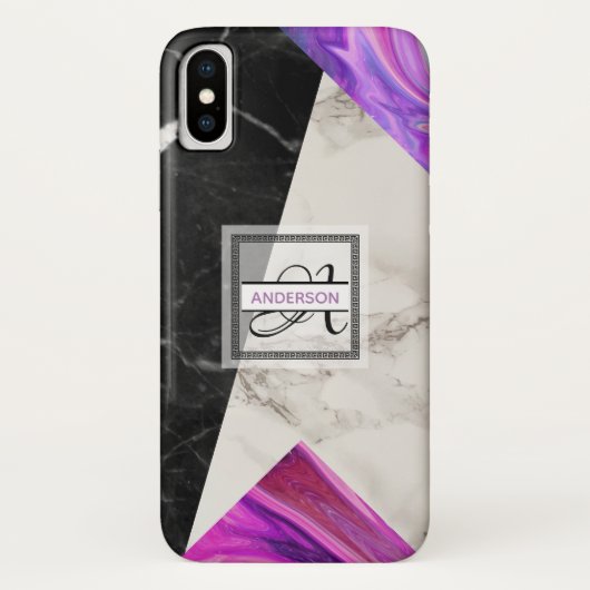 Monogram Marble Schwarz Pink Lila Geometric Case-Mate iPhone Hülle (Rückseite)
