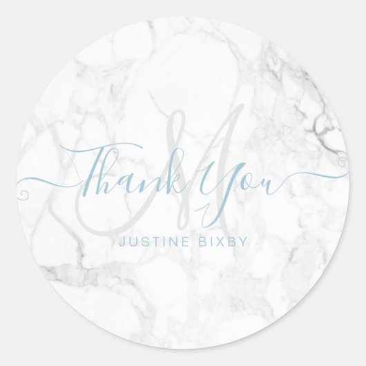 Monogram Marble Script Danke, DIY Dusty Blue Runder Aufkleber (Vorderseite)