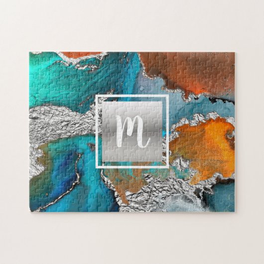 Monogram marble watercolor silver Turquoise Puzzle (Horizontal)