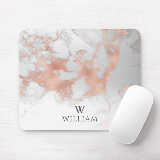 Monogram Marble White Rose Gold Elegante Moderne Mousepad (Mit Mouse)