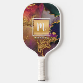 Monogram Marbor Watercolor Gold Lila Green Blue Pickleball Schläger
