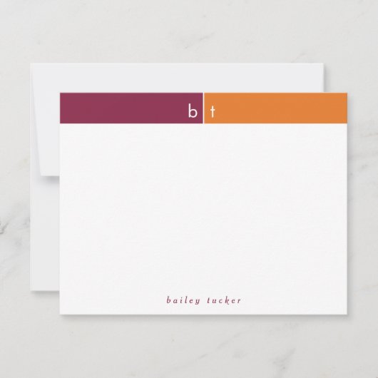 Monogram Maroon Orange Band Personal Stationery Mitteilungskarte (Vorderseite)