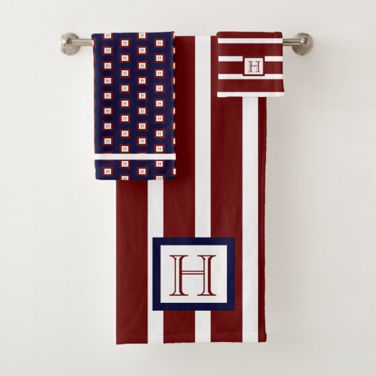 Monogram Maroon Red White Navy Blue Badhandtuch Set (Insitu)
