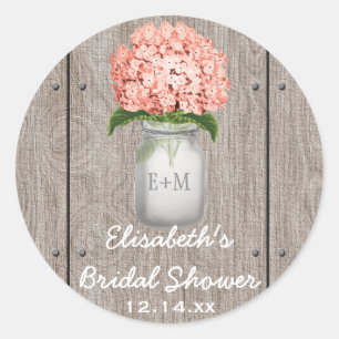 Monogram Mason Jar Coral Hydrangea Brautparty Runder Aufkleber