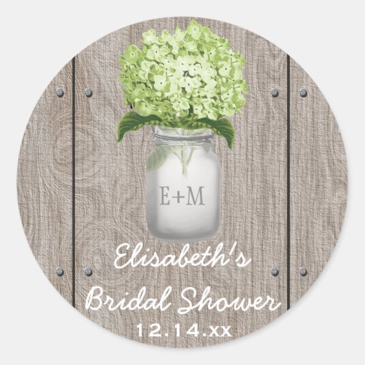 Monogram Mason Jar Green Hydrangea Brautparty Runder Aufkleber (Vorderseite)