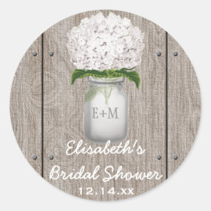 Monogram Mason Jar White Hydrangea Brautparty Runder Aufkleber