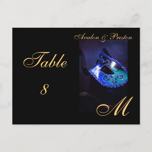 Monogram Masquerade Mask Blue Table Platzkarte Postkarte (Vorderseite)