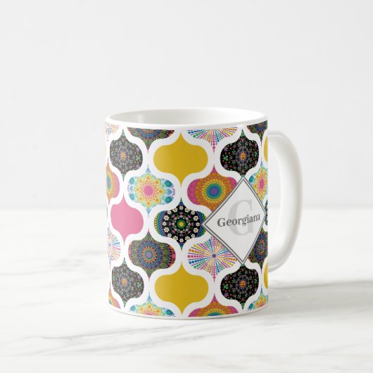 Monogram Maximalist Rainbow Dot Mandalases Patchwo Kaffeetasse (VorderseiteRechts)