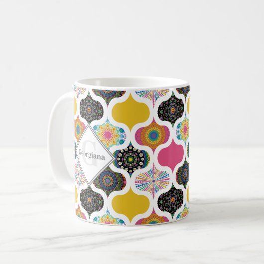 Monogram Maximalist Rainbow Dot Mandalases Patchwo Kaffeetasse (Vorderseite Links)