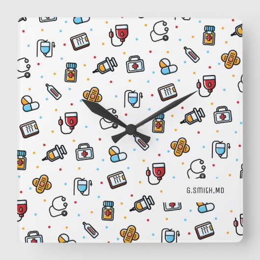 Monogram. Medical Pattern. For Doctors and Nurses Quadratische Wanduhr (Vorderseite)