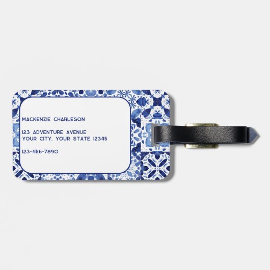 Monogram Mediterranean Blue White Tile Water Gepäckanhänger (Rückseite horizontal)