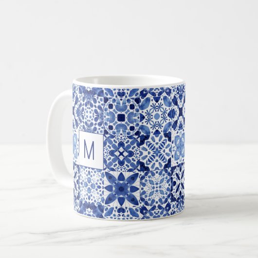 Monogram Mediterranean Blue White Tile Water Kaffeetasse (Vorderseite Links)