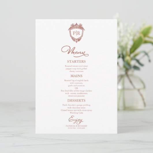 Monogram Menu Cards Rose Gold Script Menükarte (Stehend Vorderseite)
