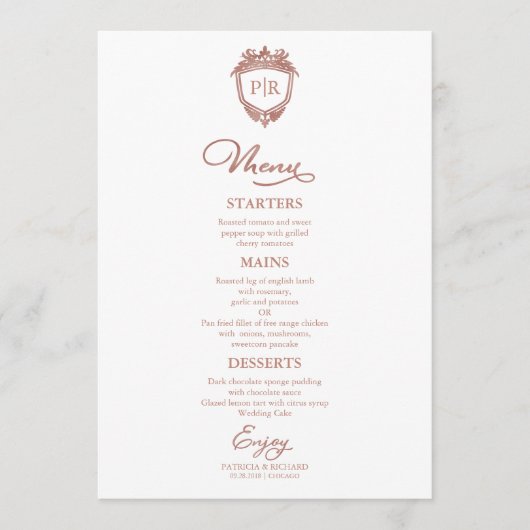 Monogram Menu Cards Rose Gold Script Menükarte (Vorderseite)