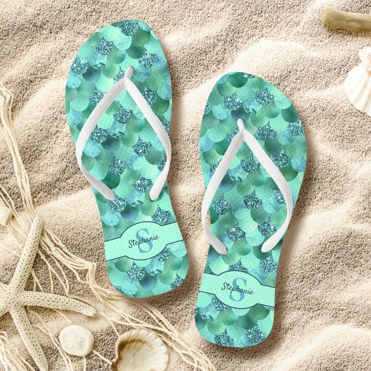 Monogram Mermaid Scales Sea Green Aqua Badesandalen