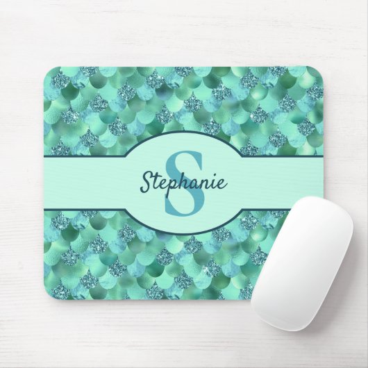 Monogram Mermaid Scales Sea Green Aqua Blue Mousepad (Mit Mouse)