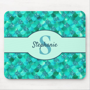 Monogram Mermaid Scales Sea Green Aqua Blue Mousepad