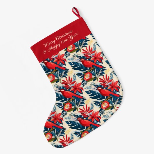 Monogram Merry Christmas Happy New Year! Red Bird Großer Weihnachtsstrumpf (Rückseite (Hängend))