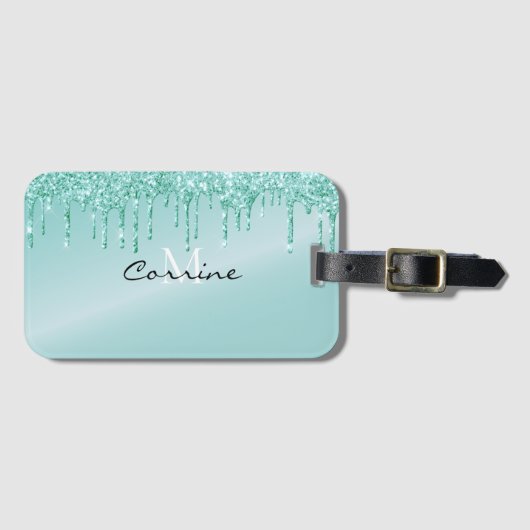 Monogram Metallic Aqua Blue Dripping Glitzer Icing Gepäckanhänger (Vorderseite (Horizontal))