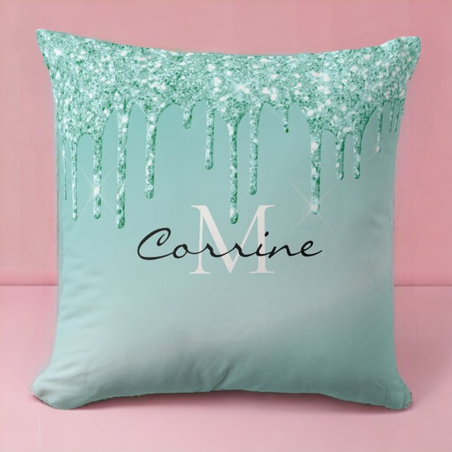 Monogram Metallic Aqua Blue Dripping Glitzer Kissen (Von Creator hochgeladen)
