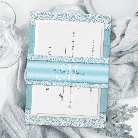 Monogram Metallic Blue Glitzer Wedding Einladungsbanderole