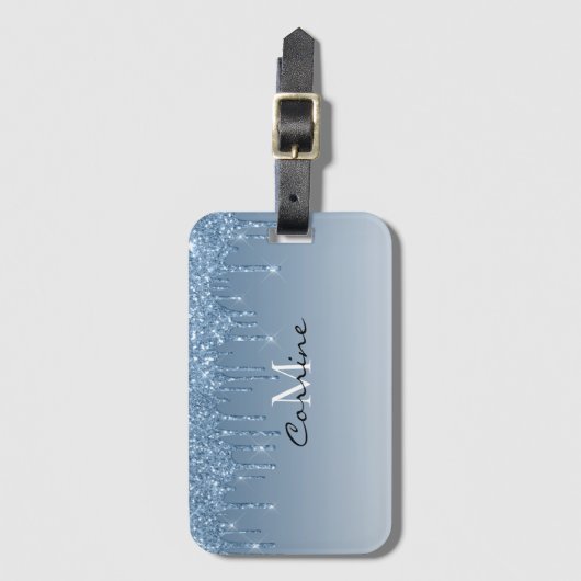 Monogram Metallic Frozen Eis Blue Drilling Glitzer Gepäckanhänger (Vorderseite Vertikal)