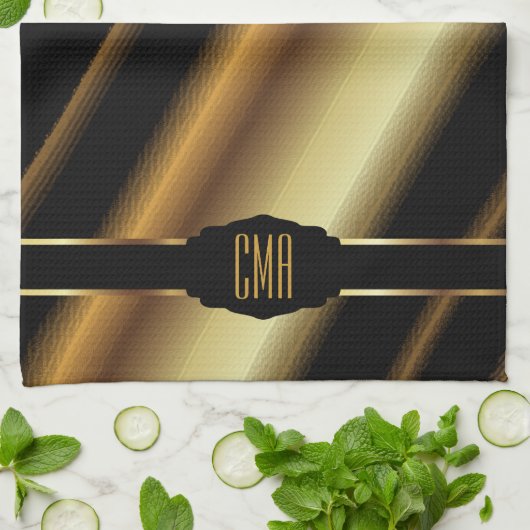 Monogram Metallic Gold Abstrakte Diagonalstreifen Küchentuch (Gefaltet)
