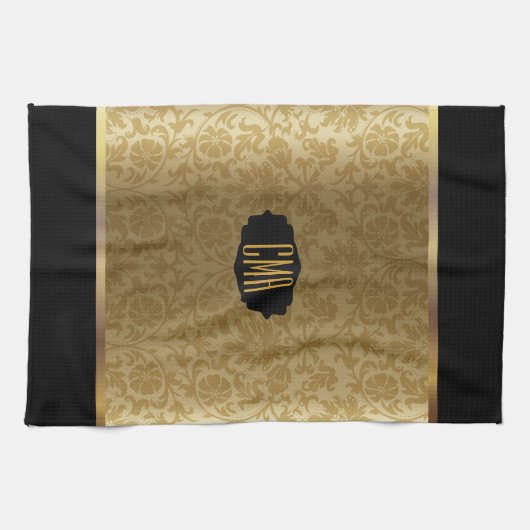 Monogram Metallic Gold & Floral Damask Muster Geschirrtuch (Horizontal)