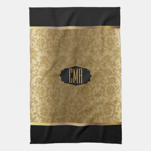 Monogram Metallic Gold & Floral Damask Muster Geschirrtuch (Vertikal)