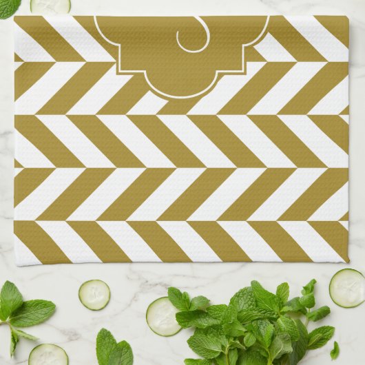 Monogram Metallic Gold Herringbone-Muster Geschirrtuch (Gefaltet)