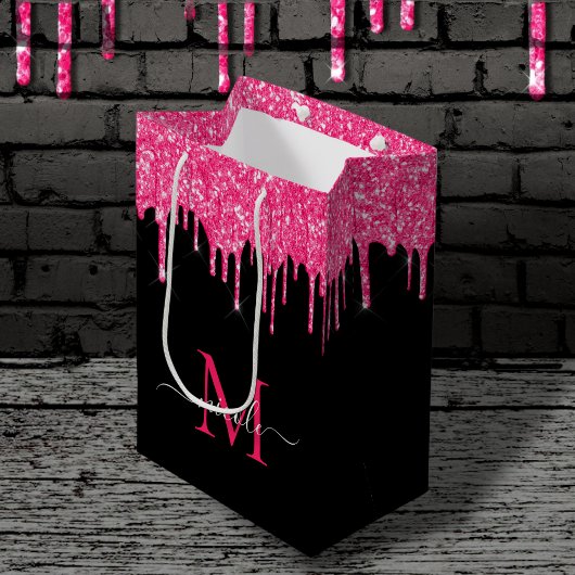 Monogram Metallic Hot Pink Drilling Glitzer Black Mittlere Geschenktüte