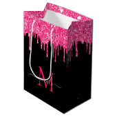 Monogram Metallic Hot Pink Drilling Glitzer Black Mittlere Geschenktüte (Vorderseite Schrägansicht)