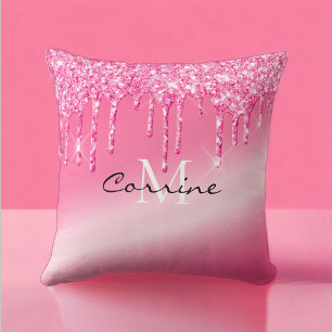 Monogram Metallic Hot Pink Neon Drift Glitzer Kissen