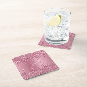 Monogram Metallic Pink Dripping Glitzer Girly Untersetzer