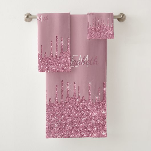 Monogram Metallic Pink Dripping Glitzer Moderner Badhandtuch Set (Insitu)