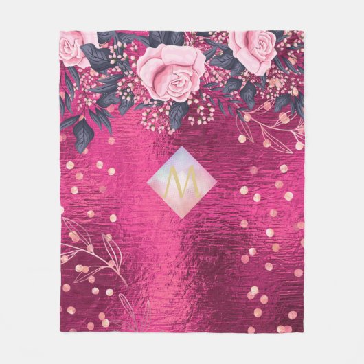 Monogram Metallic Pink Rosegold Navy Glitzer Girly Fleecedecke (Vorderseite)