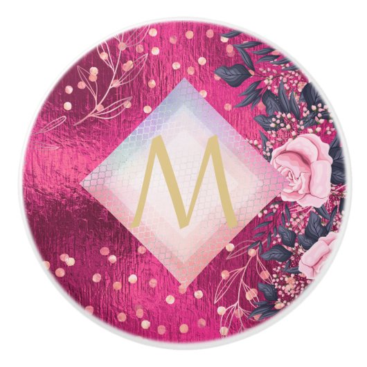 Monogram Metallic Pink Rosegold Navy Glitzer Girly Keramikknauf (Vorderseite)