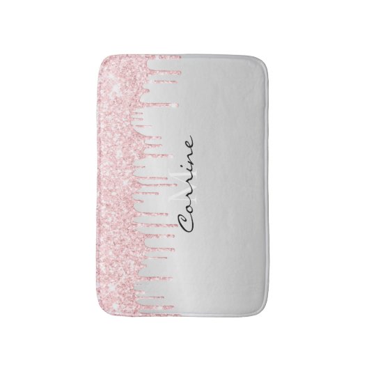 Monogram Metallic Platinum & Pink Glitzer Drilling Badematte (Vorderseite Vertikal)