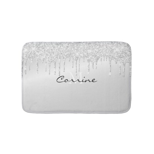 Monogram Metallic Platinum Silver Glitzer Drift Badematte (Vorderseite)