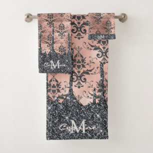Monogram Metallic Rose Gold & Black Glitzer Damask Badhandtuch Set