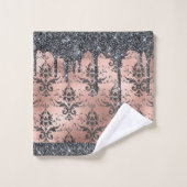 Monogram Metallic Rose Gold & Black Glitzer Damask Badhandtuch Set (Waschlappen)