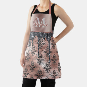 Monogram Metallic Rose Gold Damask & Black Glitzer Schürze