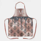 Monogram Metallic Rose Gold Damask & Black Glitzer Schürze (Vorderseite)