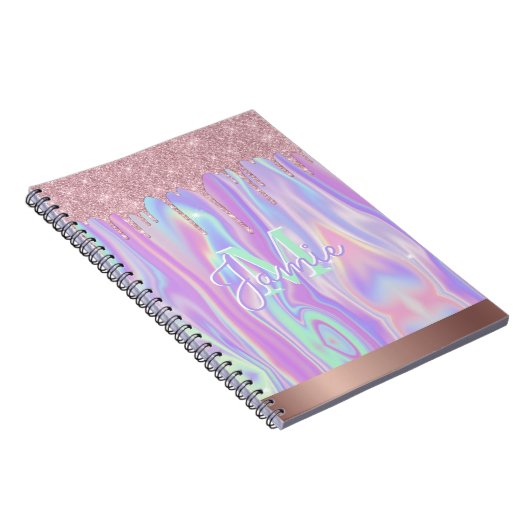 Monogram Metallic Rose Gold Glitzer & Iridescent Notizblock (Rechte Seite)