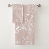 Monogram Metallic Rose Gold Glitzer & Mauve Floral Badhandtuch Set (Insitu)